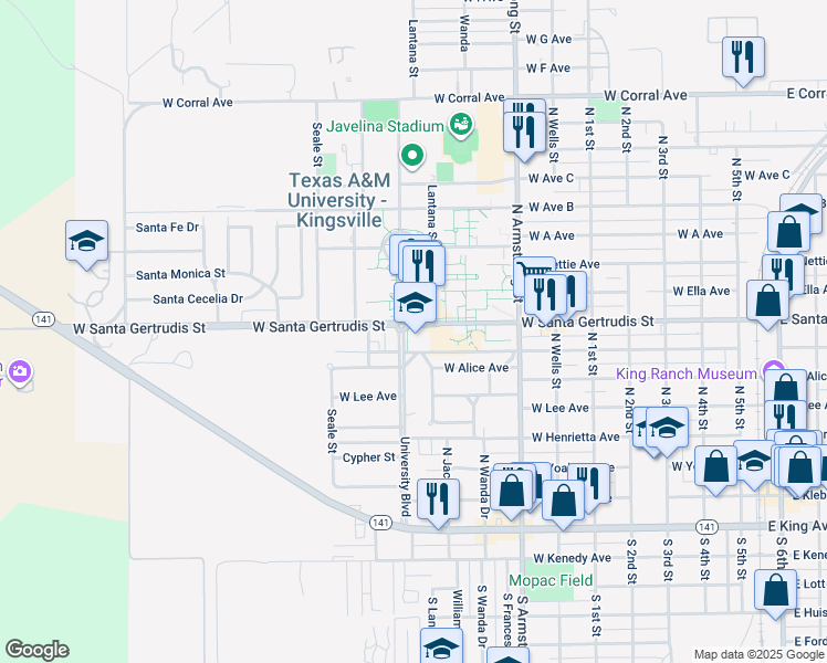 map of restaurants, bars, coffee shops, grocery stores, and more near 700 University Boulevard in Kingsville