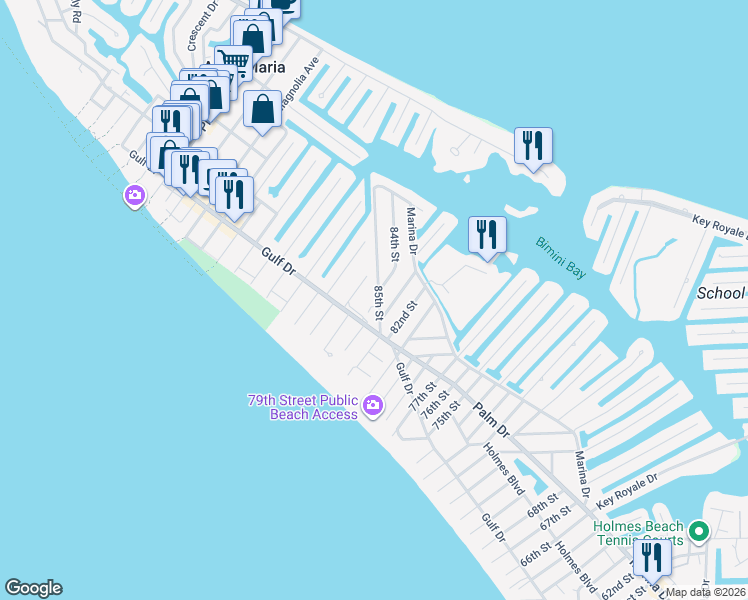 map of restaurants, bars, coffee shops, grocery stores, and more near 210 85th Street in Holmes Beach