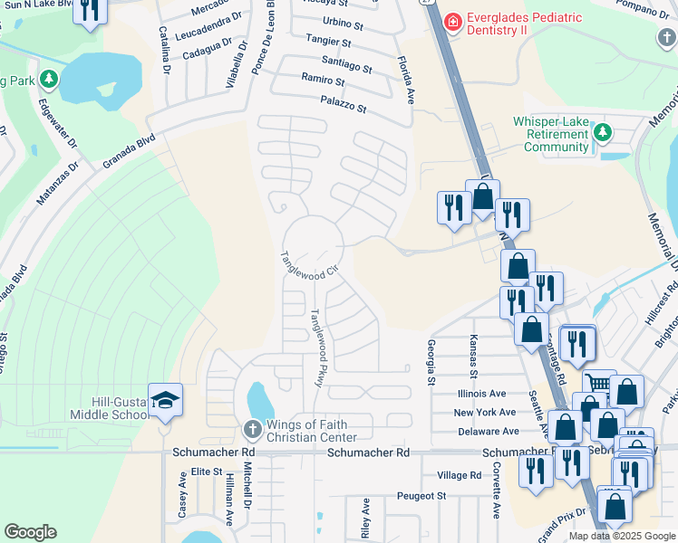 map of restaurants, bars, coffee shops, grocery stores, and more near 1510 Tanglewood Circle in Sebring