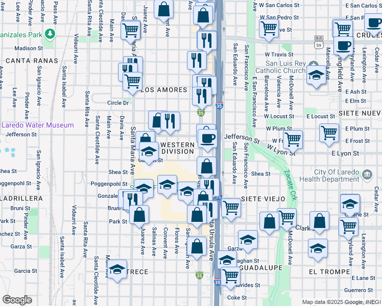 map of restaurants, bars, coffee shops, grocery stores, and more near 2515 San Agustin Avenue in Laredo
