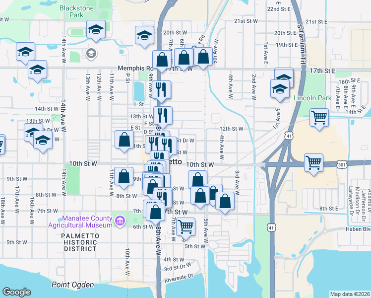 map of restaurants, bars, coffee shops, grocery stores, and more near 602 11th Street West in Palmetto