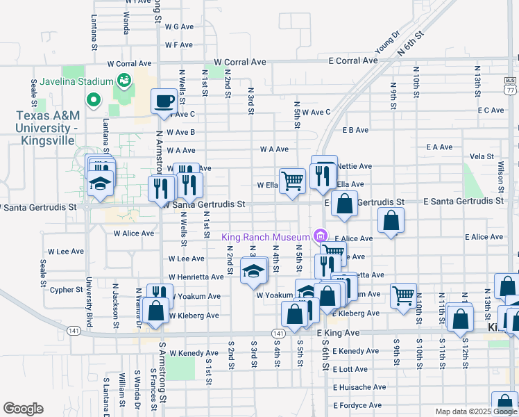 map of restaurants, bars, coffee shops, grocery stores, and more near 330 West Richard Avenue in Kingsville