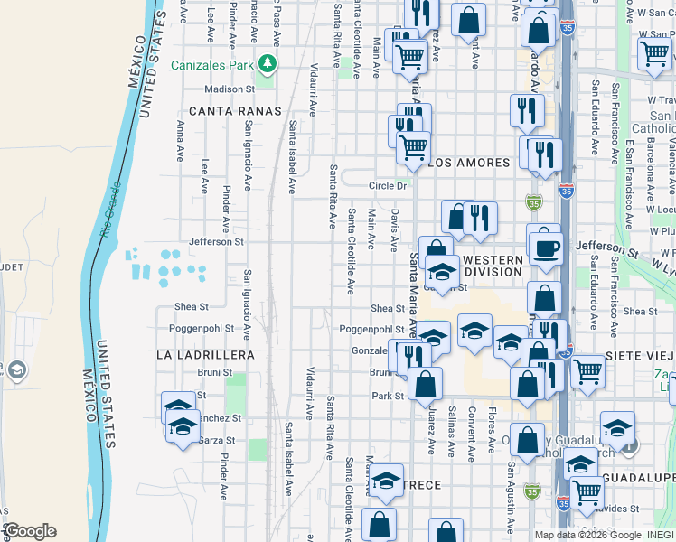 map of restaurants, bars, coffee shops, grocery stores, and more near 2502 Santa Rita Ave in Laredo