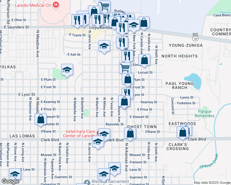 map of restaurants, bars, coffee shops, grocery stores, and more near 2604 East Lyon Street in Laredo