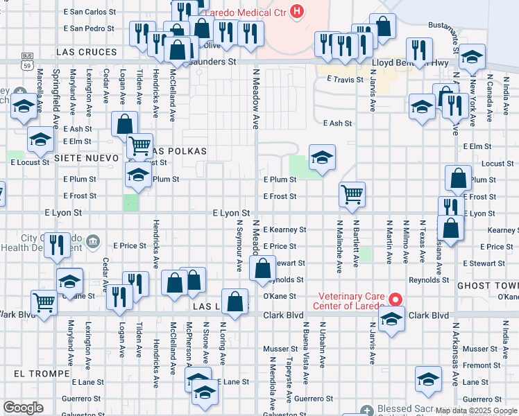 map of restaurants, bars, coffee shops, grocery stores, and more near 1601-1615 East Lyon Street in Laredo
