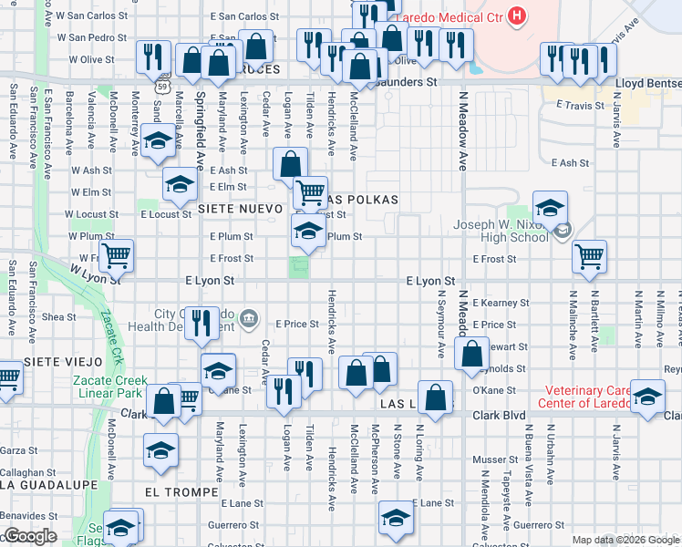 map of restaurants, bars, coffee shops, grocery stores, and more near 1015 East Lyon Street in Laredo