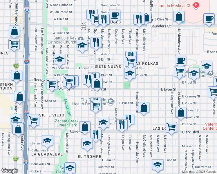 map of restaurants, bars, coffee shops, grocery stores, and more near 601 East Lyon Street in Laredo