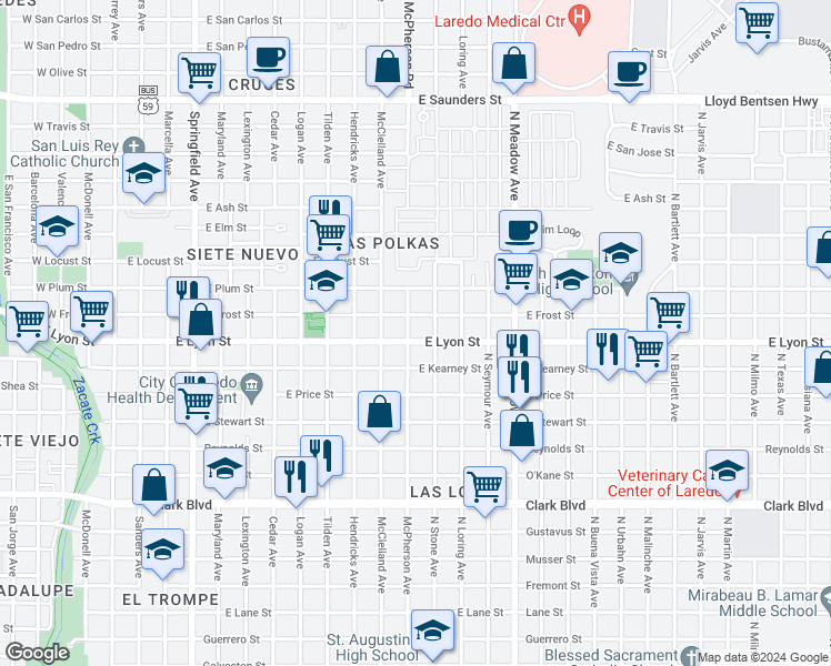 map of restaurants, bars, coffee shops, grocery stores, and more near 2817 McPherson Avenue in Laredo