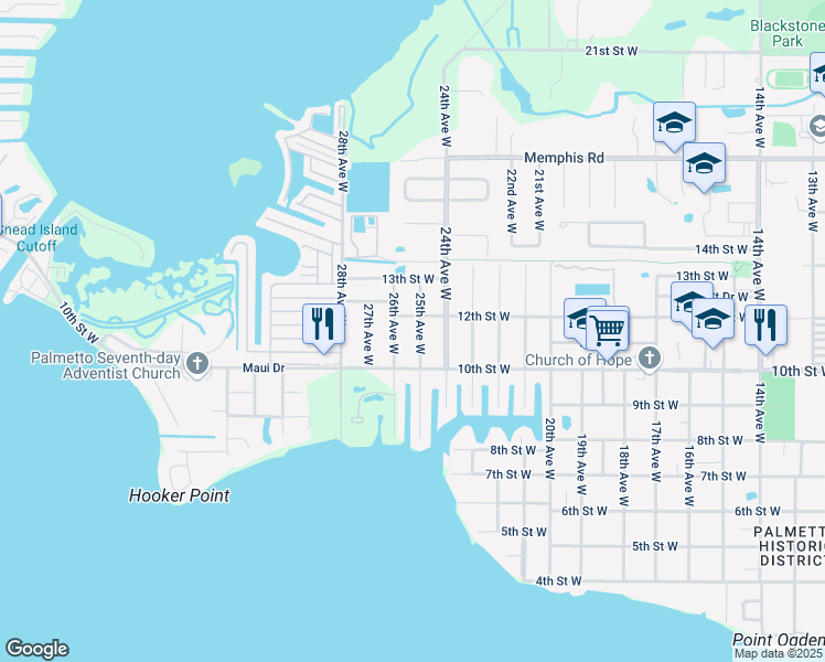 map of restaurants, bars, coffee shops, grocery stores, and more near 1005 25th Avenue West in Palmetto