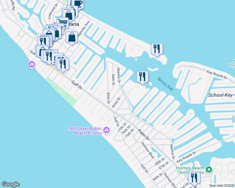 map of restaurants, bars, coffee shops, grocery stores, and more near 214 82nd Street in Holmes Beach