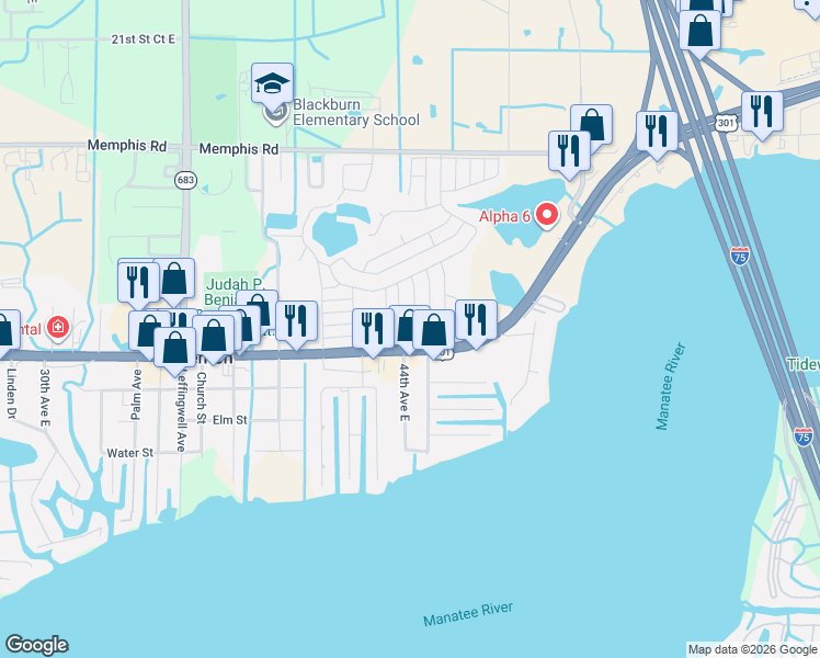 map of restaurants, bars, coffee shops, grocery stores, and more near 4309 10th Street Court East in Ellenton