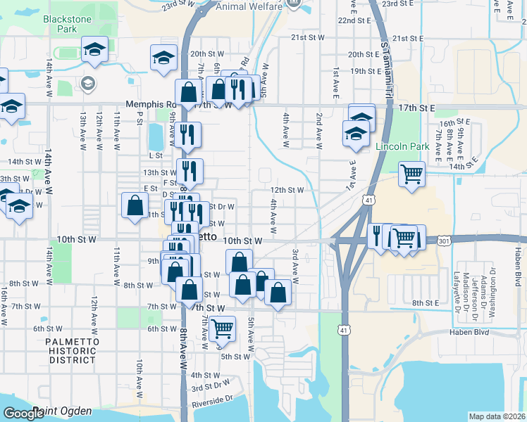 map of restaurants, bars, coffee shops, grocery stores, and more near 1125 4th Avenue West in Palmetto