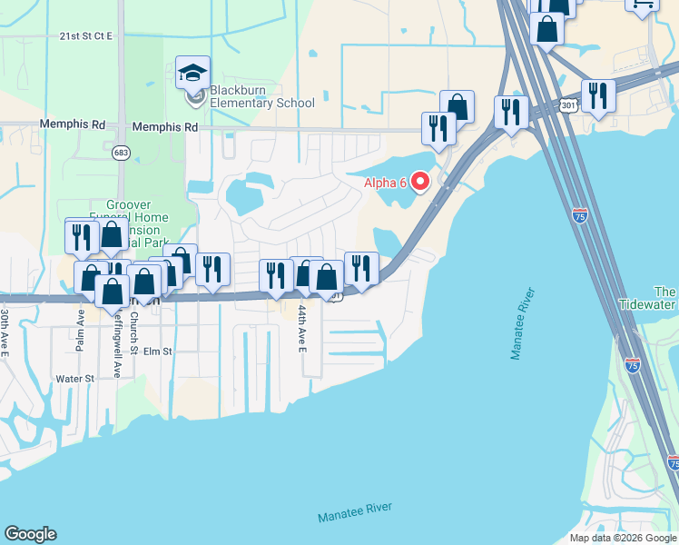 map of restaurants, bars, coffee shops, grocery stores, and more near 1004 45th Avenue Drive East in Ellenton