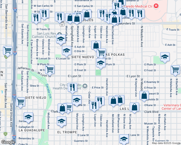 map of restaurants, bars, coffee shops, grocery stores, and more near 3004 Logan Avenue in Laredo