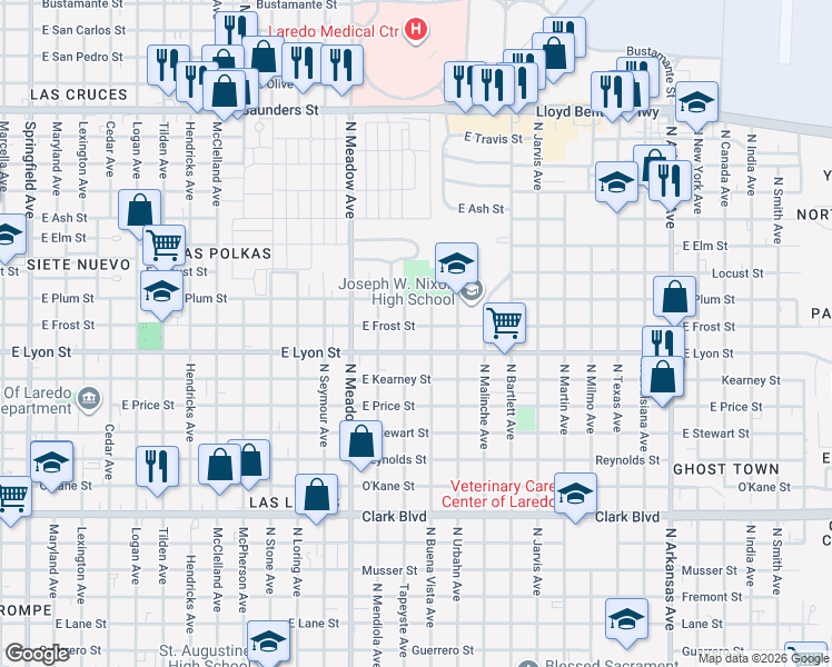 map of restaurants, bars, coffee shops, grocery stores, and more near 1720 East Frost Street in Laredo