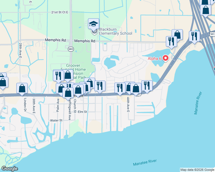 map of restaurants, bars, coffee shops, grocery stores, and more near 4105 12th Street East in Ellenton