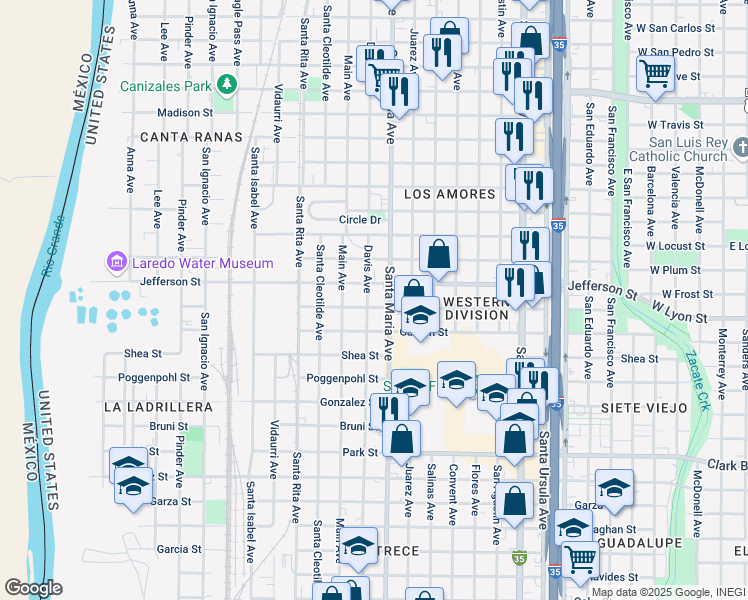 map of restaurants, bars, coffee shops, grocery stores, and more near 1611 Jefferson Street in Laredo