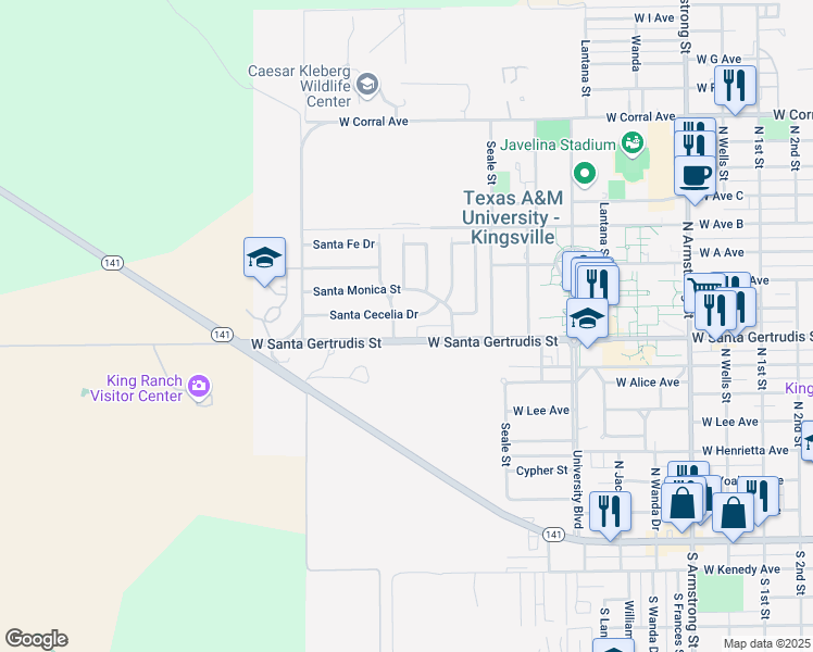 map of restaurants, bars, coffee shops, grocery stores, and more near 1504 Santa Cecelia Drive in Kingsville