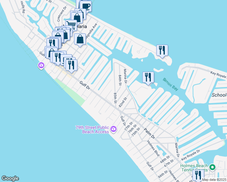 map of restaurants, bars, coffee shops, grocery stores, and more near 220 85th Street in Holmes Beach