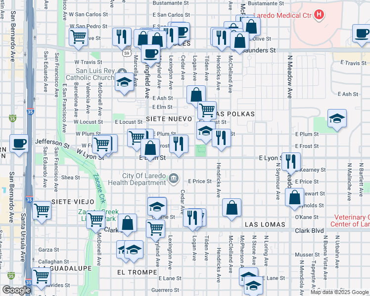 map of restaurants, bars, coffee shops, grocery stores, and more near 3004 Logan Avenue in Laredo