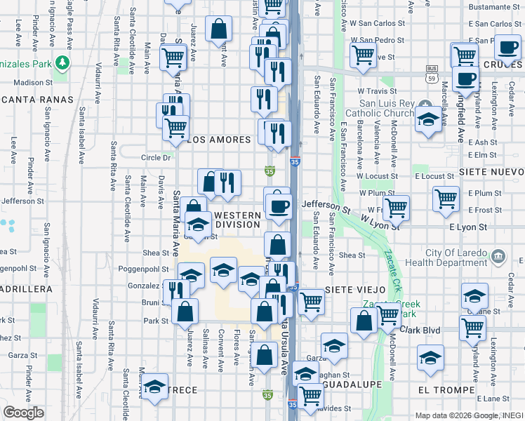 map of restaurants, bars, coffee shops, grocery stores, and more near 2620 San Agustin Avenue in Laredo