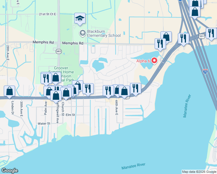 map of restaurants, bars, coffee shops, grocery stores, and more near 4214 11th Street Court East in Ellenton