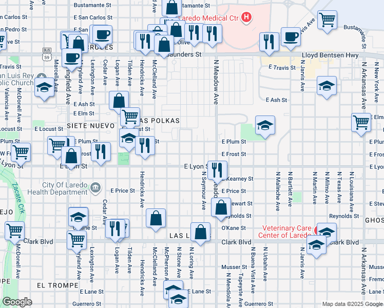 map of restaurants, bars, coffee shops, grocery stores, and more near 1308 East Frost Street in Laredo