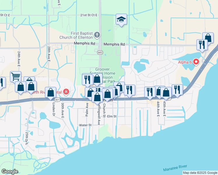 map of restaurants, bars, coffee shops, grocery stores, and more near 3705 Patten Avenue in Ellenton