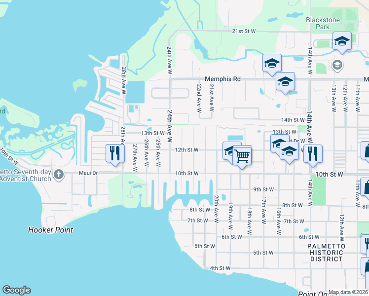 map of restaurants, bars, coffee shops, grocery stores, and more near 2210 12th Street West in Palmetto