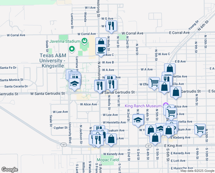 map of restaurants, bars, coffee shops, grocery stores, and more near 703 West Ella Avenue in Kingsville