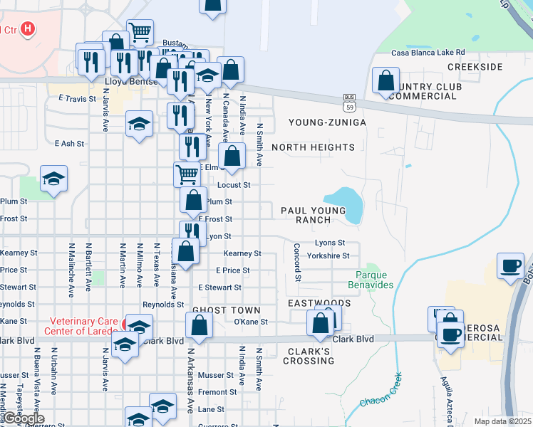 map of restaurants, bars, coffee shops, grocery stores, and more near 3204 East Frost Street in Laredo