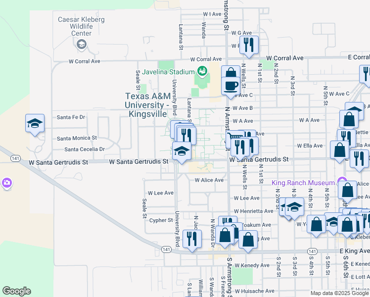 map of restaurants, bars, coffee shops, grocery stores, and more near 1050 West Santa Gertrudis Street in Kingsville