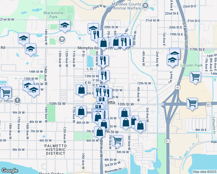 map of restaurants, bars, coffee shops, grocery stores, and more near 1158 8th Avenue West in Palmetto