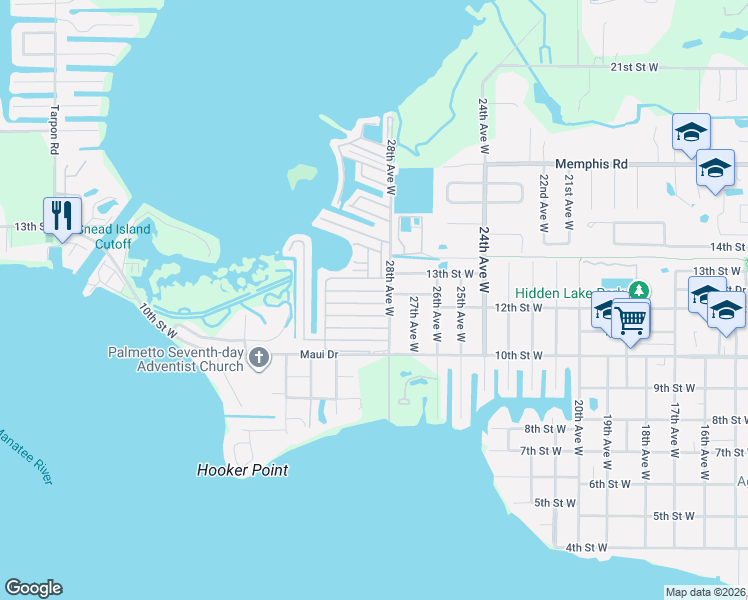 map of restaurants, bars, coffee shops, grocery stores, and more near 39 Flores Drive in Palmetto