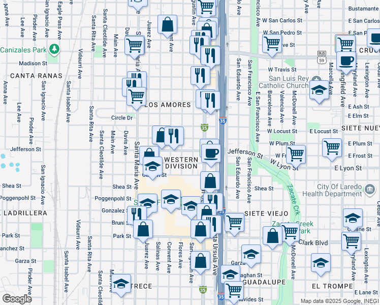 map of restaurants, bars, coffee shops, grocery stores, and more near 2620 San Agustin Avenue in Laredo