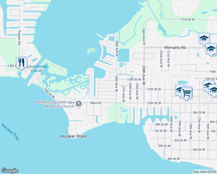 map of restaurants, bars, coffee shops, grocery stores, and more near 17 Flores Drive in Palmetto