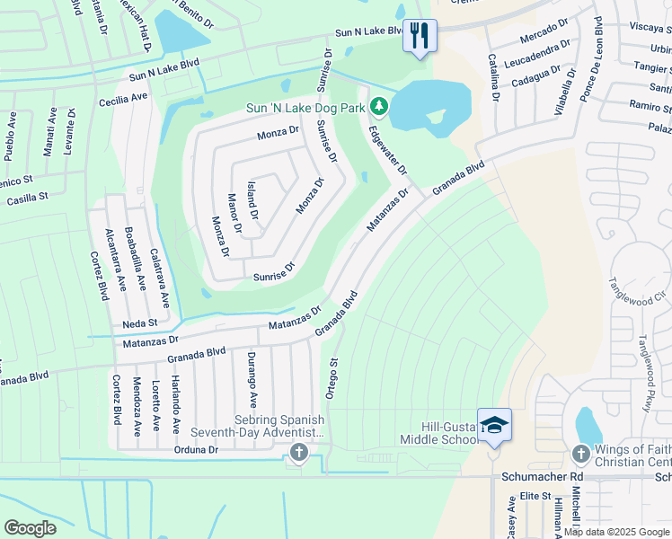 map of restaurants, bars, coffee shops, grocery stores, and more near 5724 Matanzas Drive in Sebring