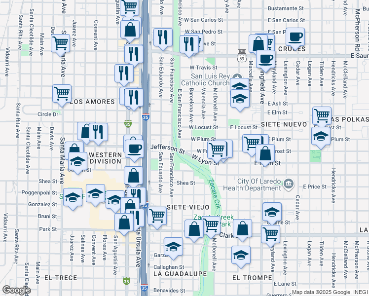 map of restaurants, bars, coffee shops, grocery stores, and more near 414 West Frost Street in Laredo
