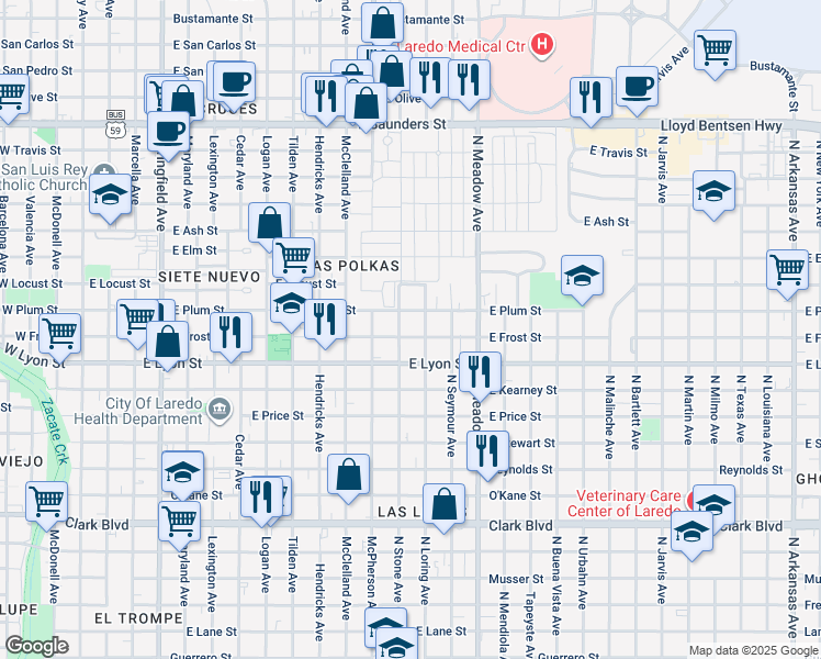 map of restaurants, bars, coffee shops, grocery stores, and more near 1308 East Frost Street in Laredo