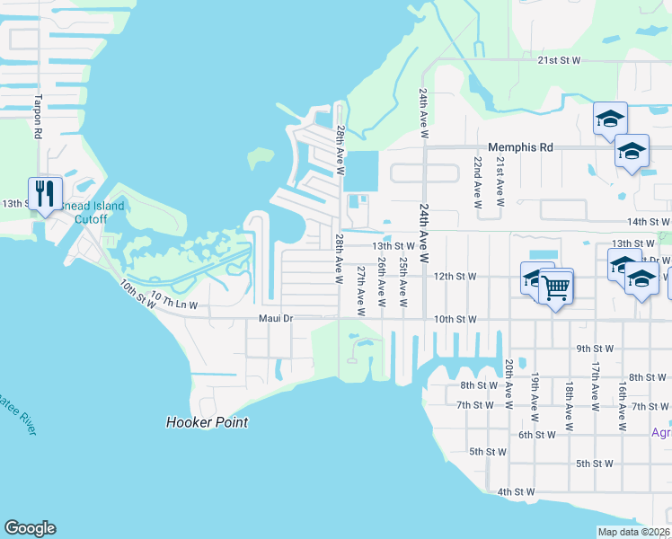 map of restaurants, bars, coffee shops, grocery stores, and more near 39 Flores Drive in Palmetto