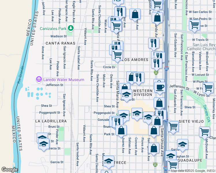 map of restaurants, bars, coffee shops, grocery stores, and more near 1611 Jefferson Street in Laredo