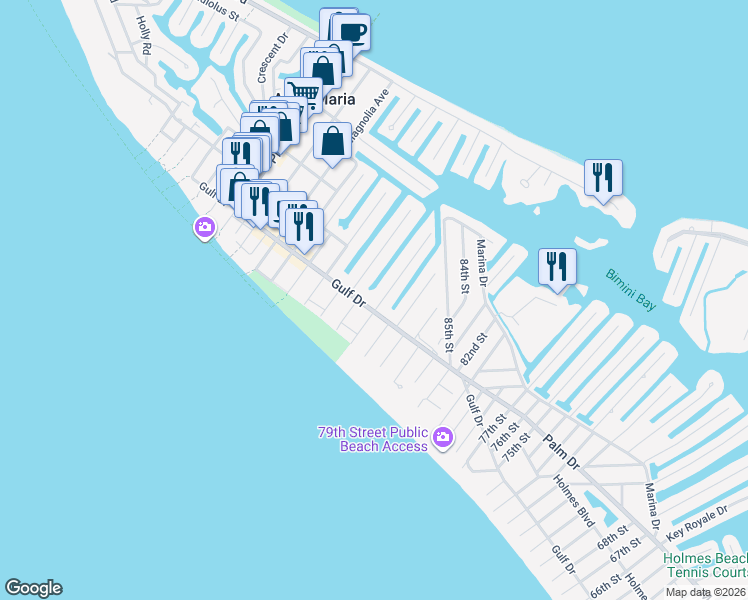 map of restaurants, bars, coffee shops, grocery stores, and more near 206 Oak Avenue in Anna Maria