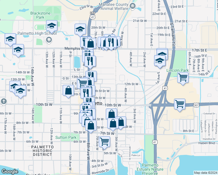 map of restaurants, bars, coffee shops, grocery stores, and more near 505 11th Street Court West in Palmetto