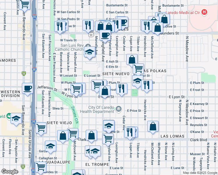 map of restaurants, bars, coffee shops, grocery stores, and more near 3004 Maryland Avenue in Laredo
