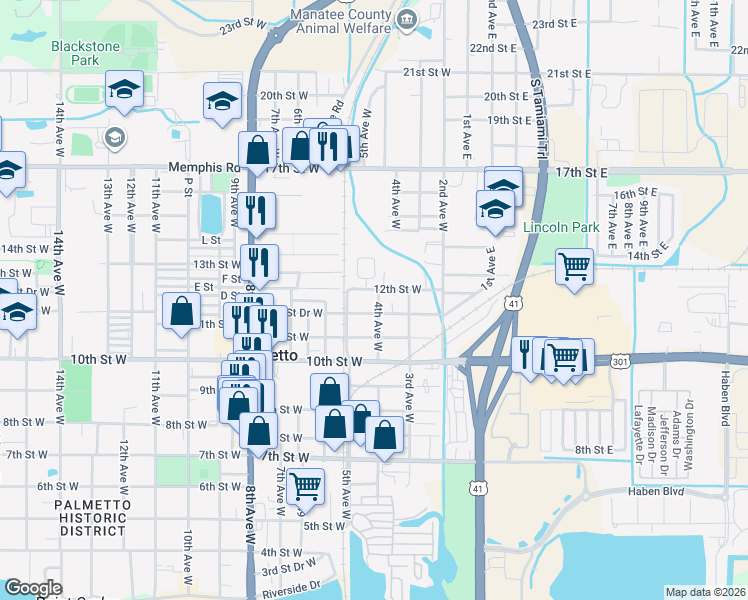 map of restaurants, bars, coffee shops, grocery stores, and more near 1125 4th Avenue West in Palmetto