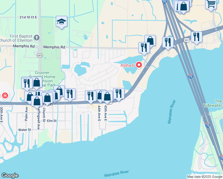 map of restaurants, bars, coffee shops, grocery stores, and more near 1110 45th Avenue Drive East in Ellenton
