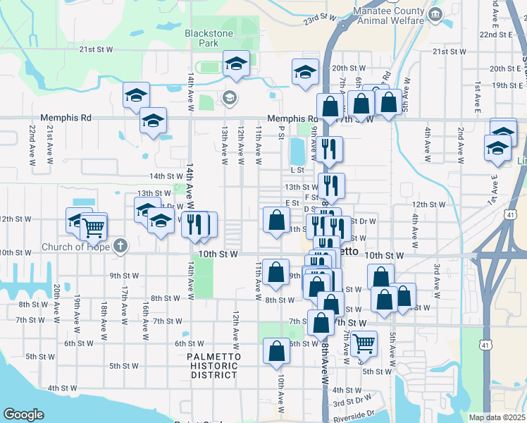 map of restaurants, bars, coffee shops, grocery stores, and more near 1126 11th Avenue West in Palmetto