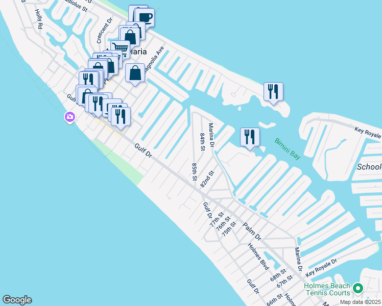 map of restaurants, bars, coffee shops, grocery stores, and more near 220 85th Street in Holmes Beach