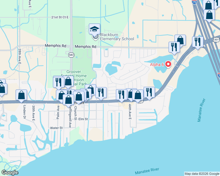 map of restaurants, bars, coffee shops, grocery stores, and more near 4105 12th Street East in Ellenton