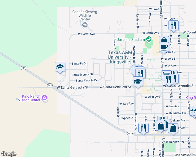 map of restaurants, bars, coffee shops, grocery stores, and more near 1504 Santa Cecelia Drive in Kingsville